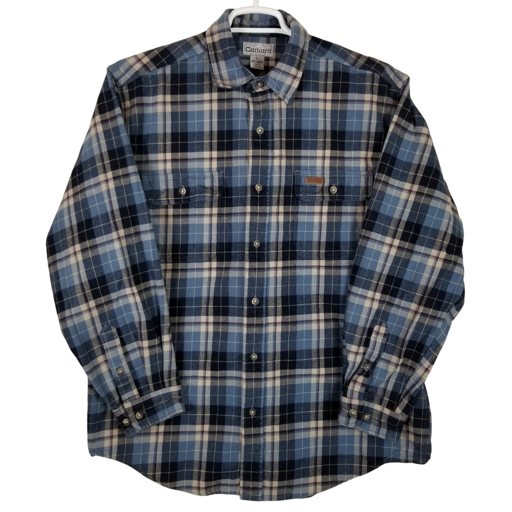 Carhartt Mens Blue Plaid Flannel Long Sleeve Button Down Work Shirt Large L